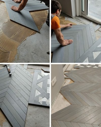 Posa parquet rovere Chevron e pannelli rovere con inserti marmo